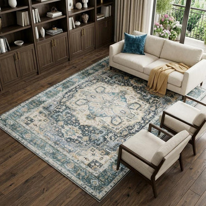 7' X 10' Blue and Ivory Oriental Non Skid Area Rug