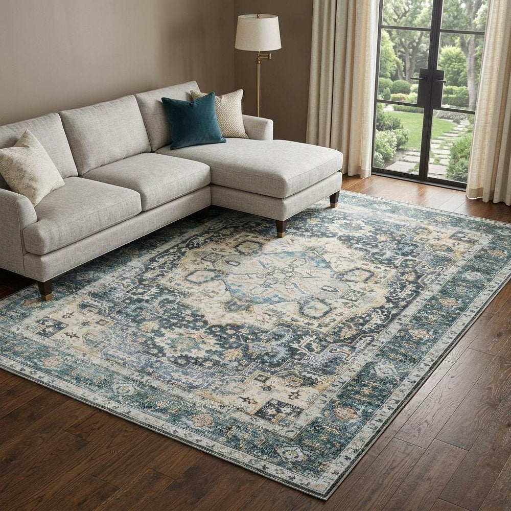 7' X 10' Blue and Ivory Oriental Non Skid Area Rug