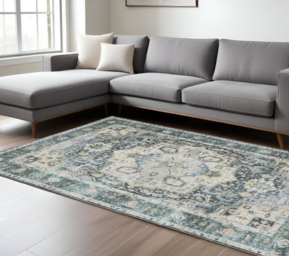 7' X 10' Blue and Ivory Oriental Non Skid Area Rug