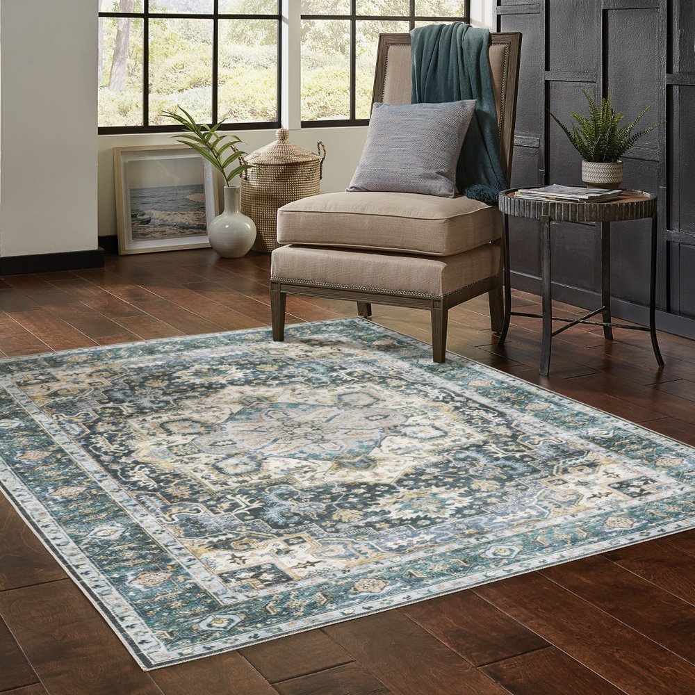 7' X 10' Blue and Ivory Oriental Non Skid Area Rug
