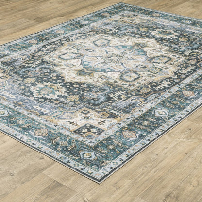 7' X 10' Blue and Ivory Oriental Non Skid Area Rug