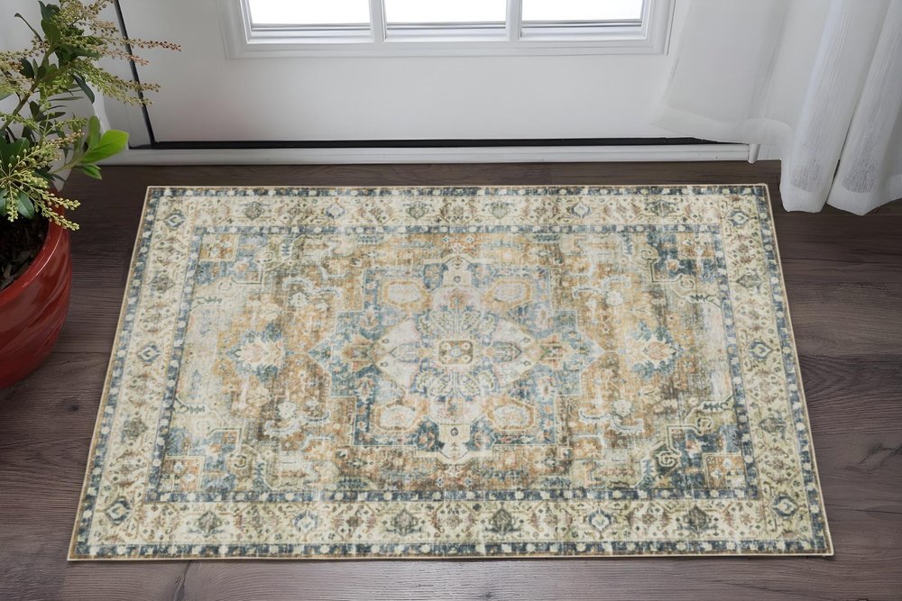 2' X 3' Blue And Gold Oriental Printed Non Skid Area Rug