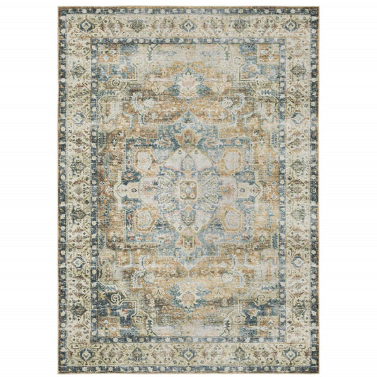 2' X 3' Blue And Gold Oriental Printed Non Skid Area Rug