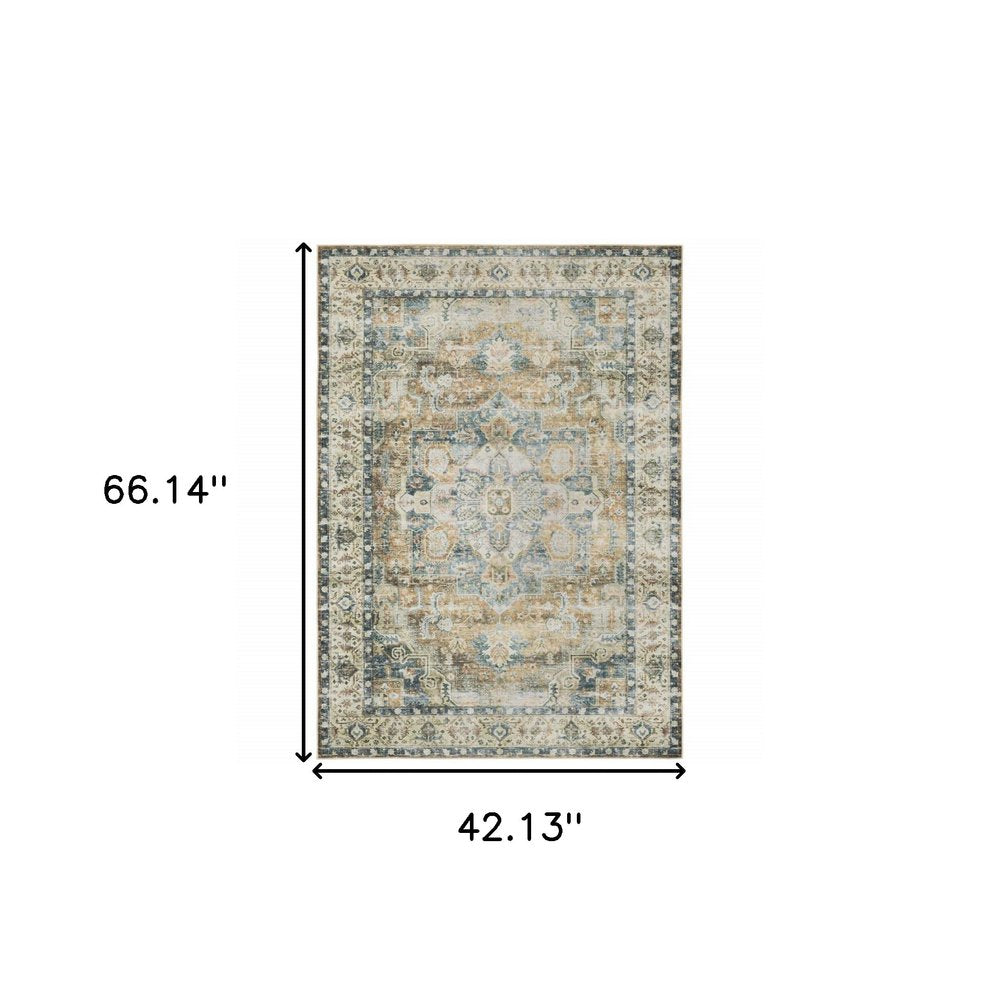 4' X 6' Blue and Gold Oriental Non Skid Area Rug