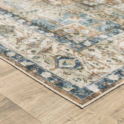 5' X 7' Blue Gold Brown Green And Salmon Oriental Printed Stain Resistant Non Skid Area Rug