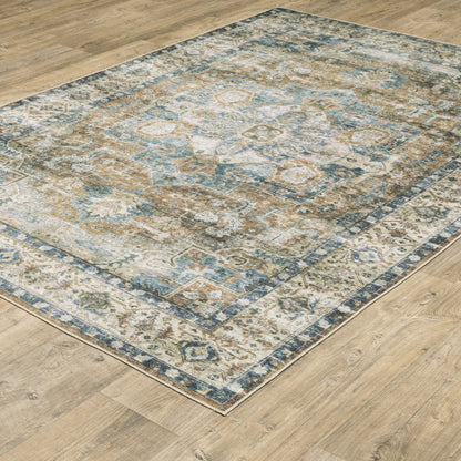 5' X 7' Blue Gold Brown Green And Salmon Oriental Printed Stain Resistant Non Skid Area Rug