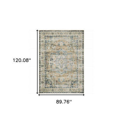 7' X 10' Blue and Gold Oriental Non Skid Area Rug