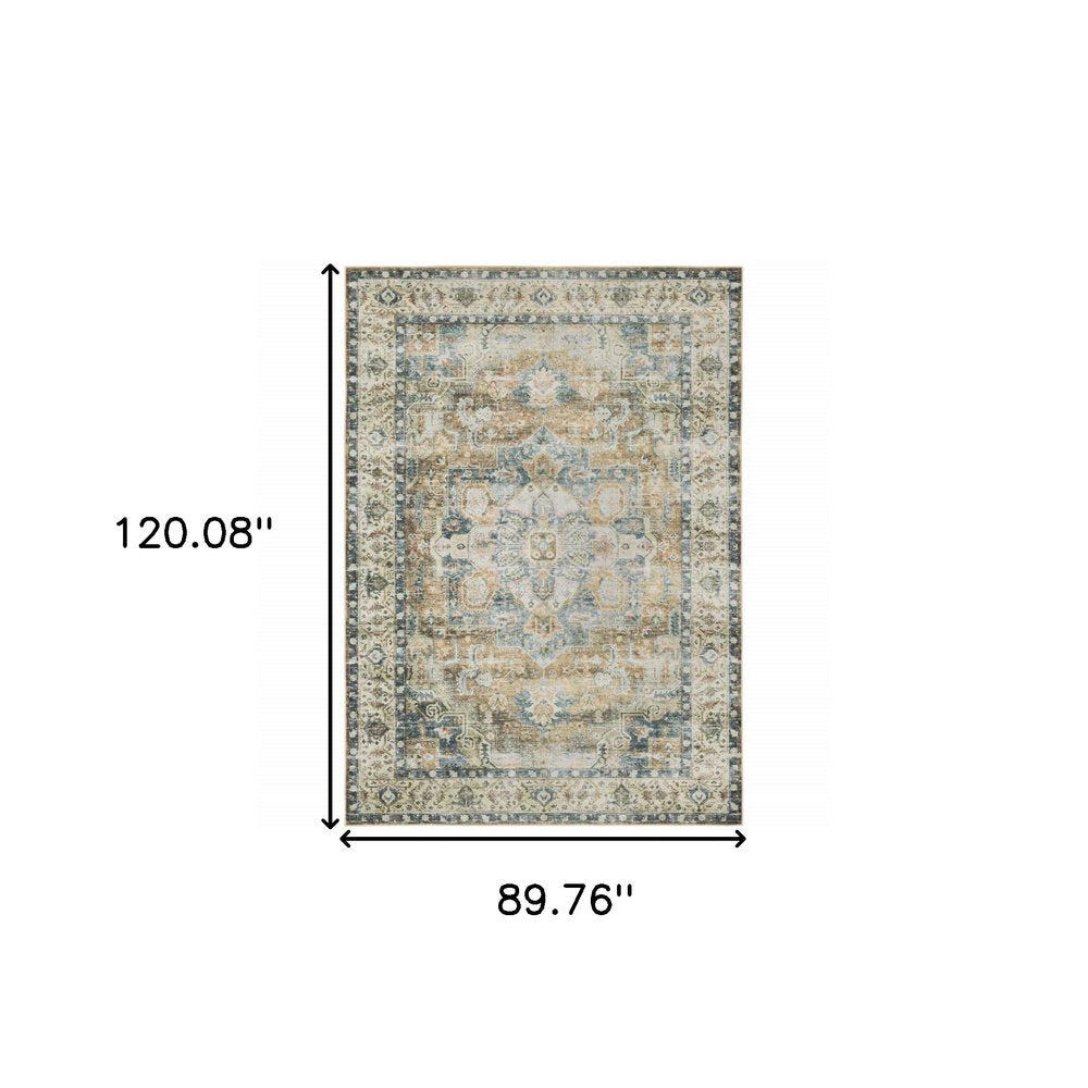 7' X 10' Blue and Gold Oriental Non Skid Area Rug