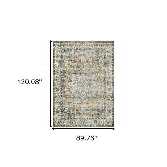 7' X 10' Blue and Gold Oriental Non Skid Area Rug