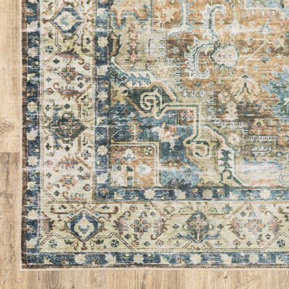 7' X 10' Blue and Gold Oriental Non Skid Area Rug