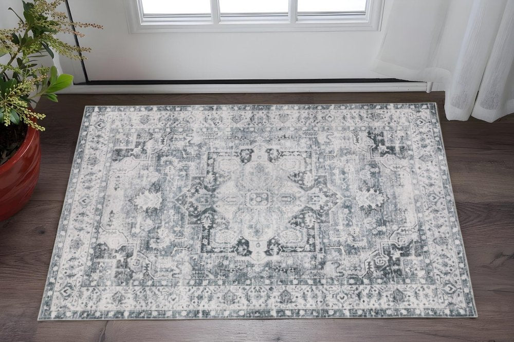 2' X 3' Gray And Ivory Oriental Printed Non Skid Area Rug