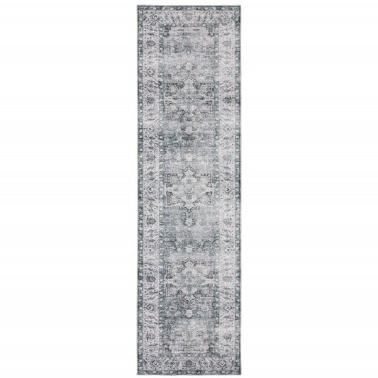 8' Gray And Ivory Oriental Printed Non Skid Runner Rug