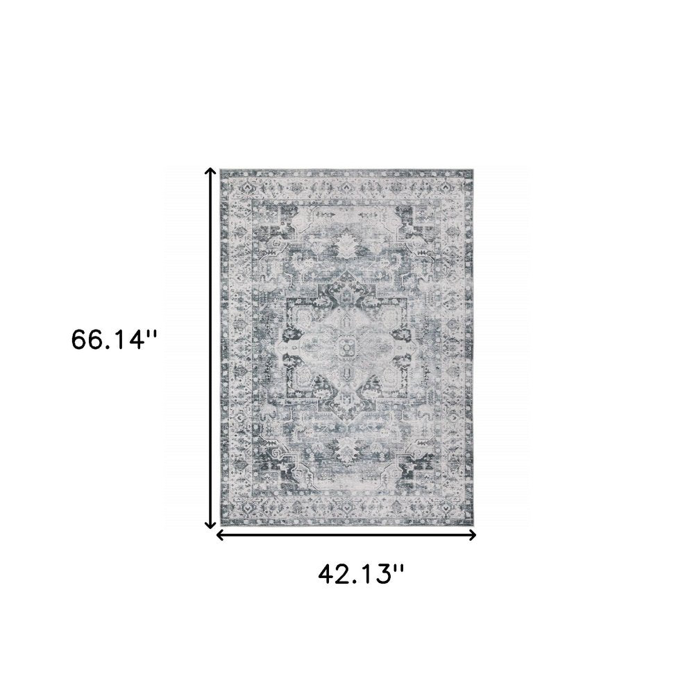 4' X 6' Navy Blue Ivory And Grey Oriental Printed Stain Resistant Non Skid Area Rug