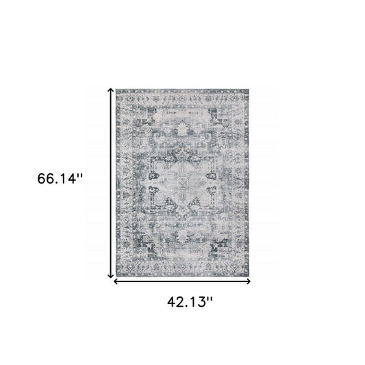 4' X 6' Navy Blue Ivory And Grey Oriental Printed Stain Resistant Non Skid Area Rug