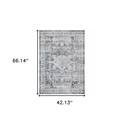 4' X 6' Navy Blue Ivory And Grey Oriental Printed Stain Resistant Non Skid Area Rug