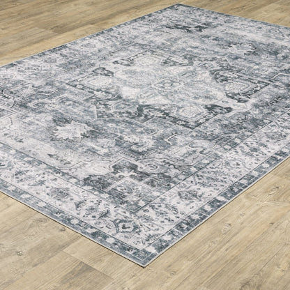 4' X 6' Navy Blue Ivory And Grey Oriental Printed Stain Resistant Non Skid Area Rug