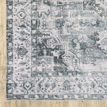 4' X 6' Navy Blue Ivory And Grey Oriental Printed Stain Resistant Non Skid Area Rug