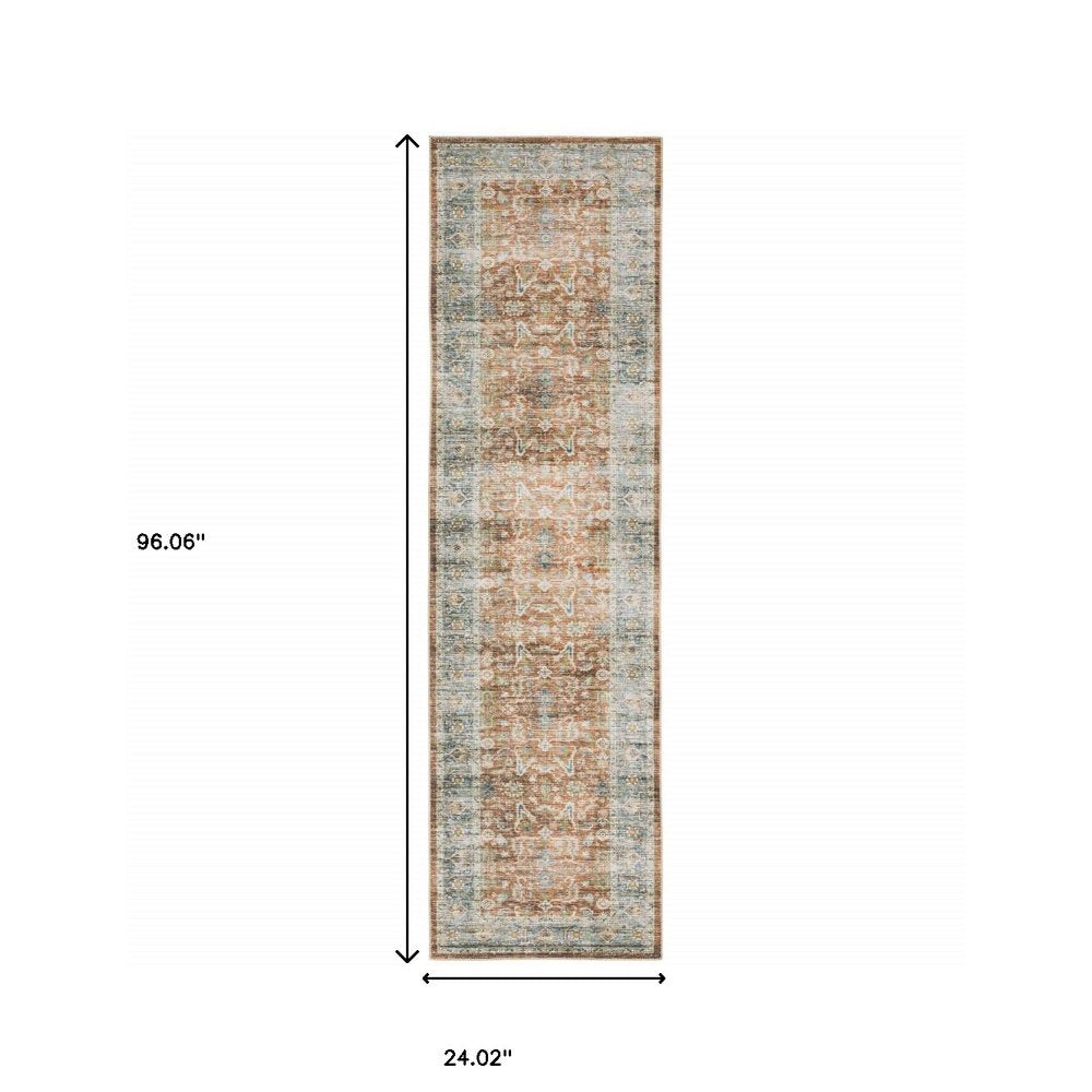8' Rust And Blue Oriental Distressed Runner Rug