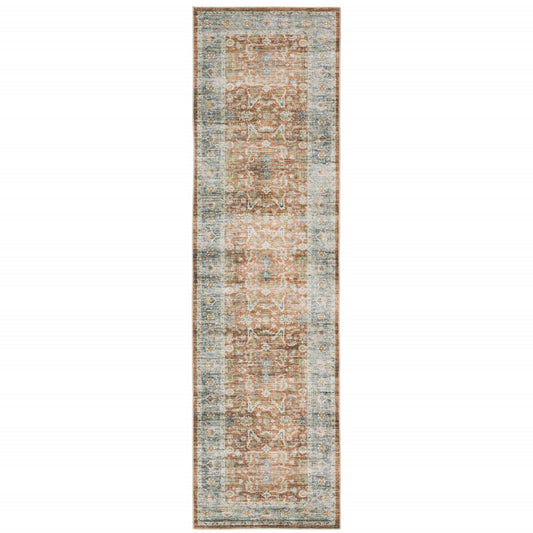 8' Rust And Blue Oriental Distressed Runner Rug