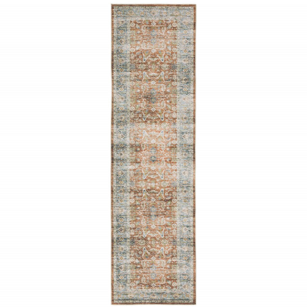 8' Rust And Blue Oriental Distressed Runner Rug