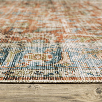 8' Rust And Blue Oriental Distressed Runner Rug