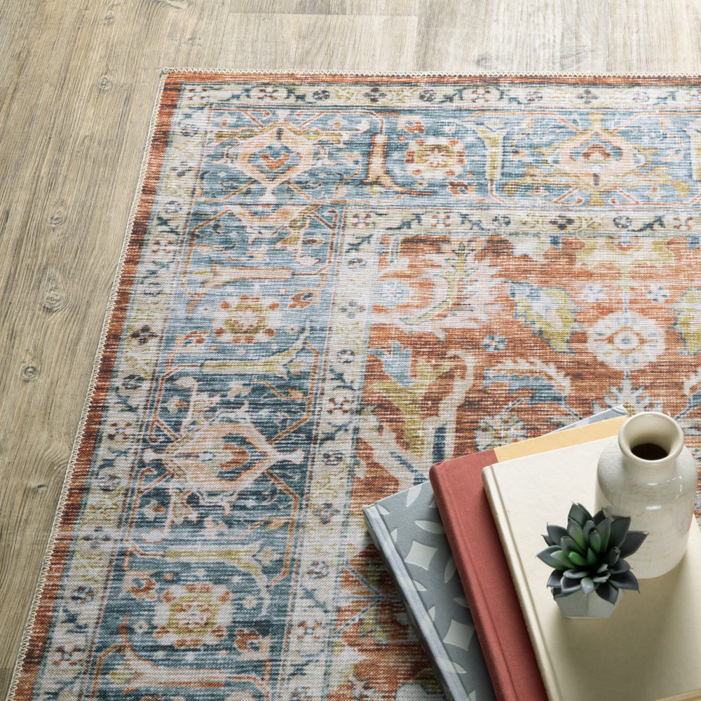8' Rust And Blue Oriental Distressed Runner Rug