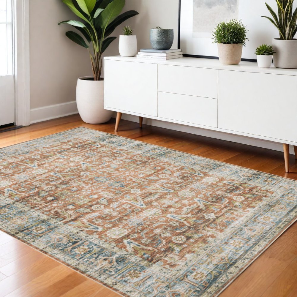 4' X 6' Blue and Ivory Oriental Non Skid Area Rug