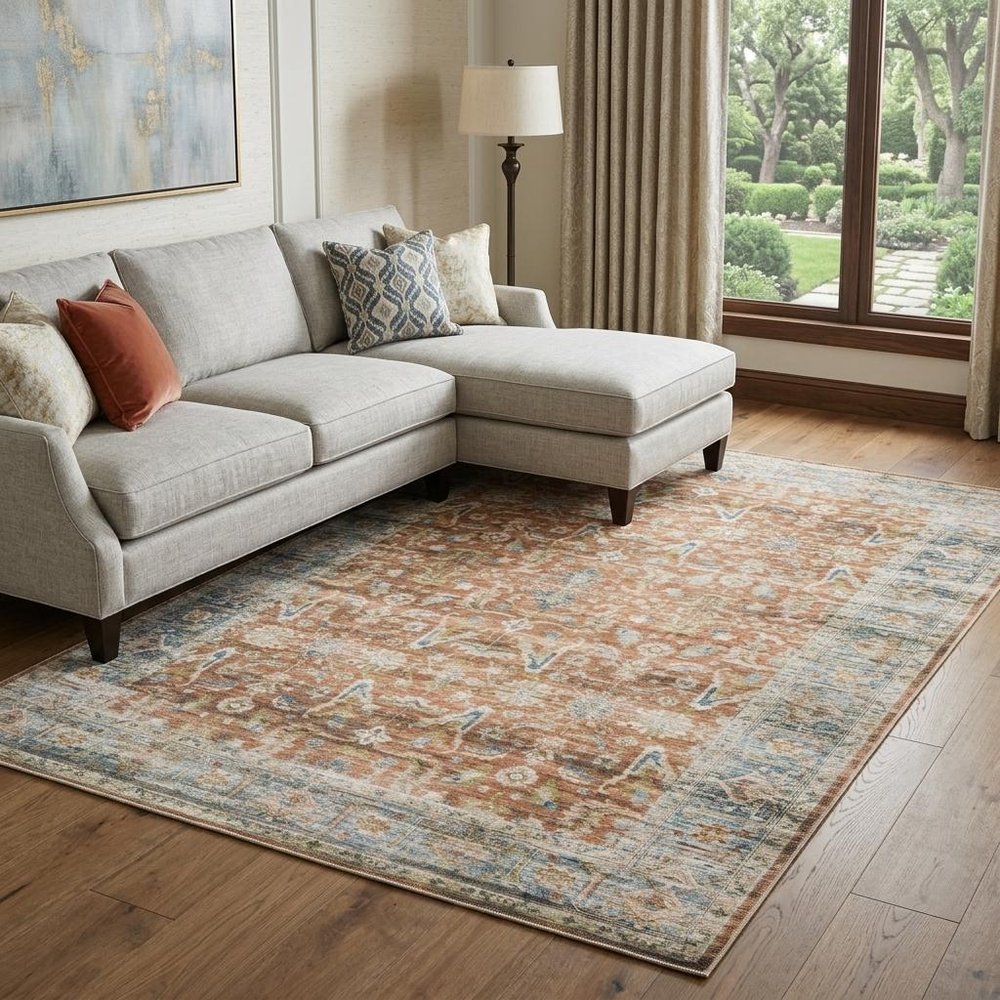 7' X 10' Blue and Ivory Oriental Non Skid Area Rug
