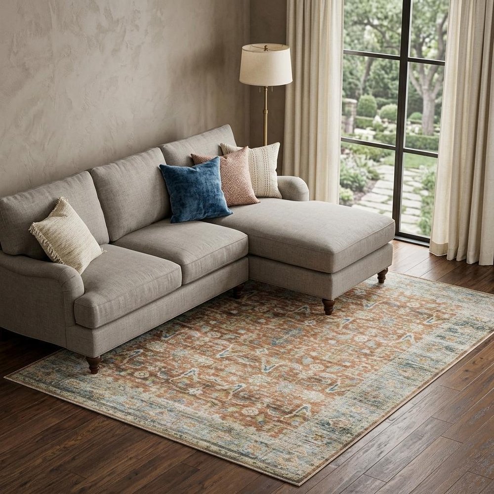 7' X 10' Blue and Ivory Oriental Non Skid Area Rug