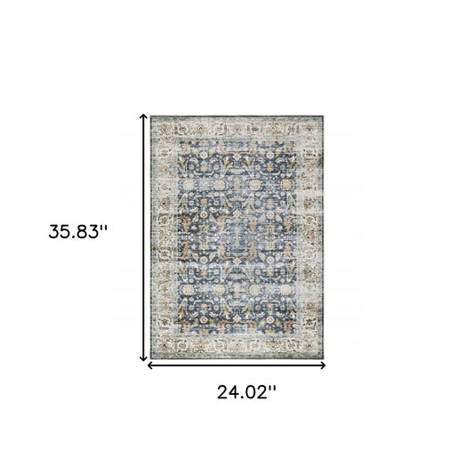 2' X 3' Blue And Gold Oriental Distressed Area Rug