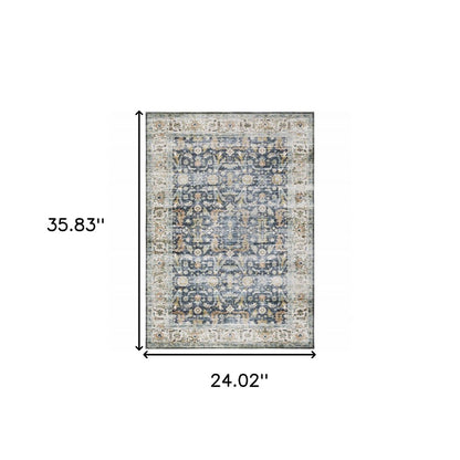 2' X 3' Blue And Gold Oriental Distressed Area Rug