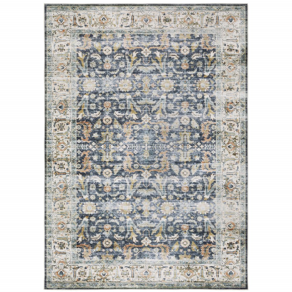 2' X 3' Blue And Gold Oriental Distressed Area Rug