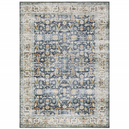 2' X 3' Blue And Gold Oriental Distressed Area Rug