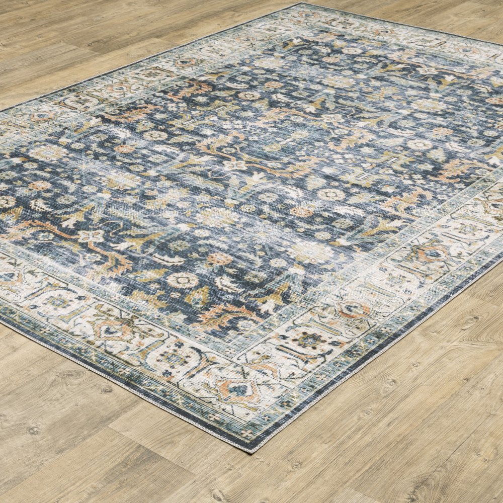 2' X 3' Blue And Gold Oriental Distressed Area Rug