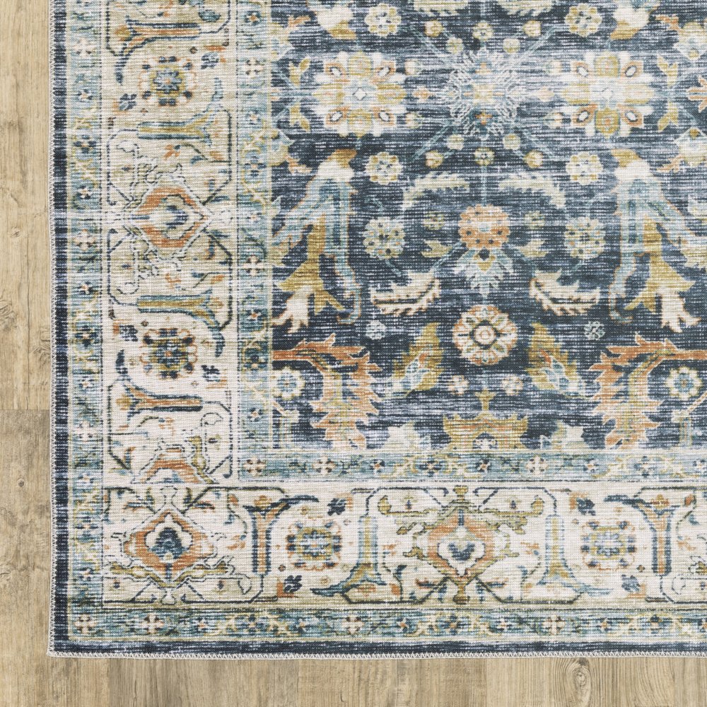 2' X 3' Blue And Gold Oriental Distressed Area Rug