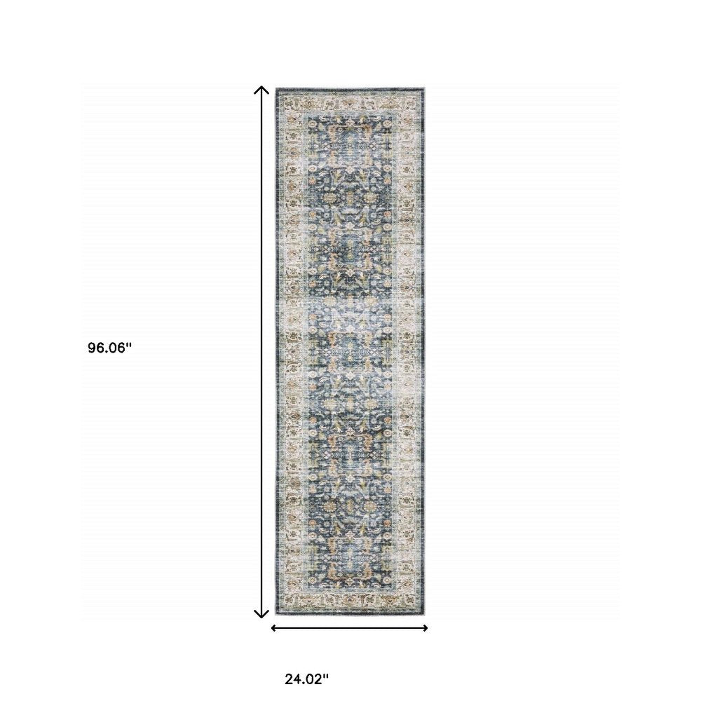 8' Blue And Gold Oriental Distressed Runner Rug