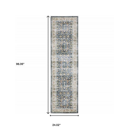8' Blue And Gold Oriental Distressed Runner Rug