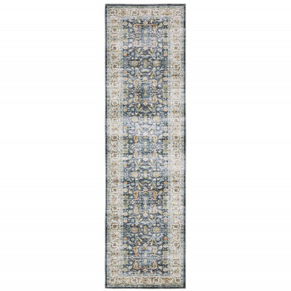 8' Blue And Gold Oriental Distressed Runner Rug