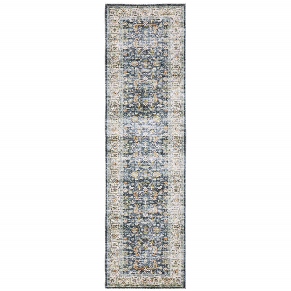 8' Blue And Gold Oriental Distressed Runner Rug