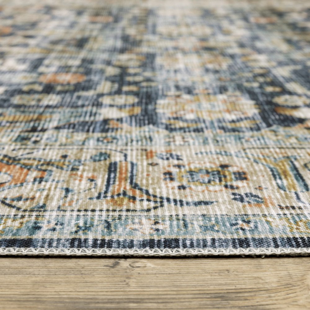 8' Blue And Gold Oriental Distressed Runner Rug