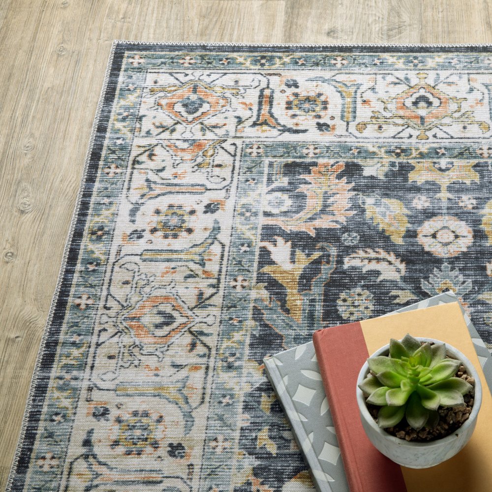 8' Blue And Gold Oriental Distressed Runner Rug
