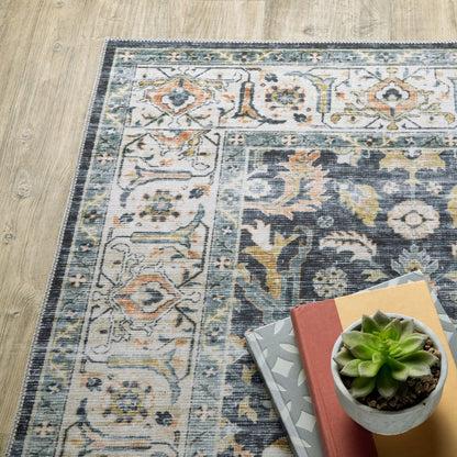 8' Blue And Gold Oriental Distressed Runner Rug