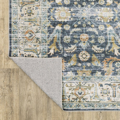 8' Blue And Gold Oriental Distressed Runner Rug