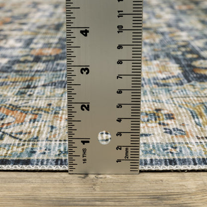 8' Blue And Gold Oriental Distressed Runner Rug