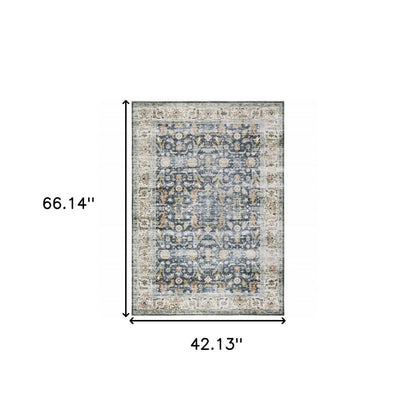 4' X 6' Blue and Ivory Oriental Non Skid Area Rug