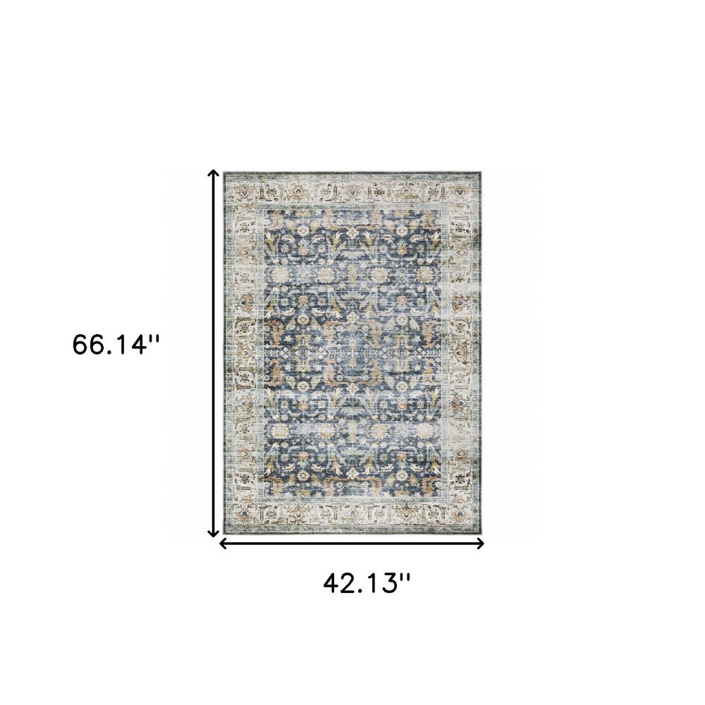 4' X 6' Blue and Ivory Oriental Non Skid Area Rug