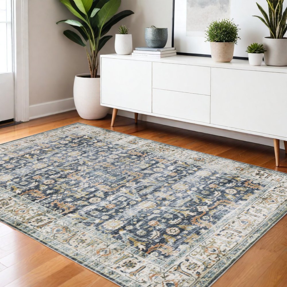4' X 6' Blue and Ivory Oriental Non Skid Area Rug