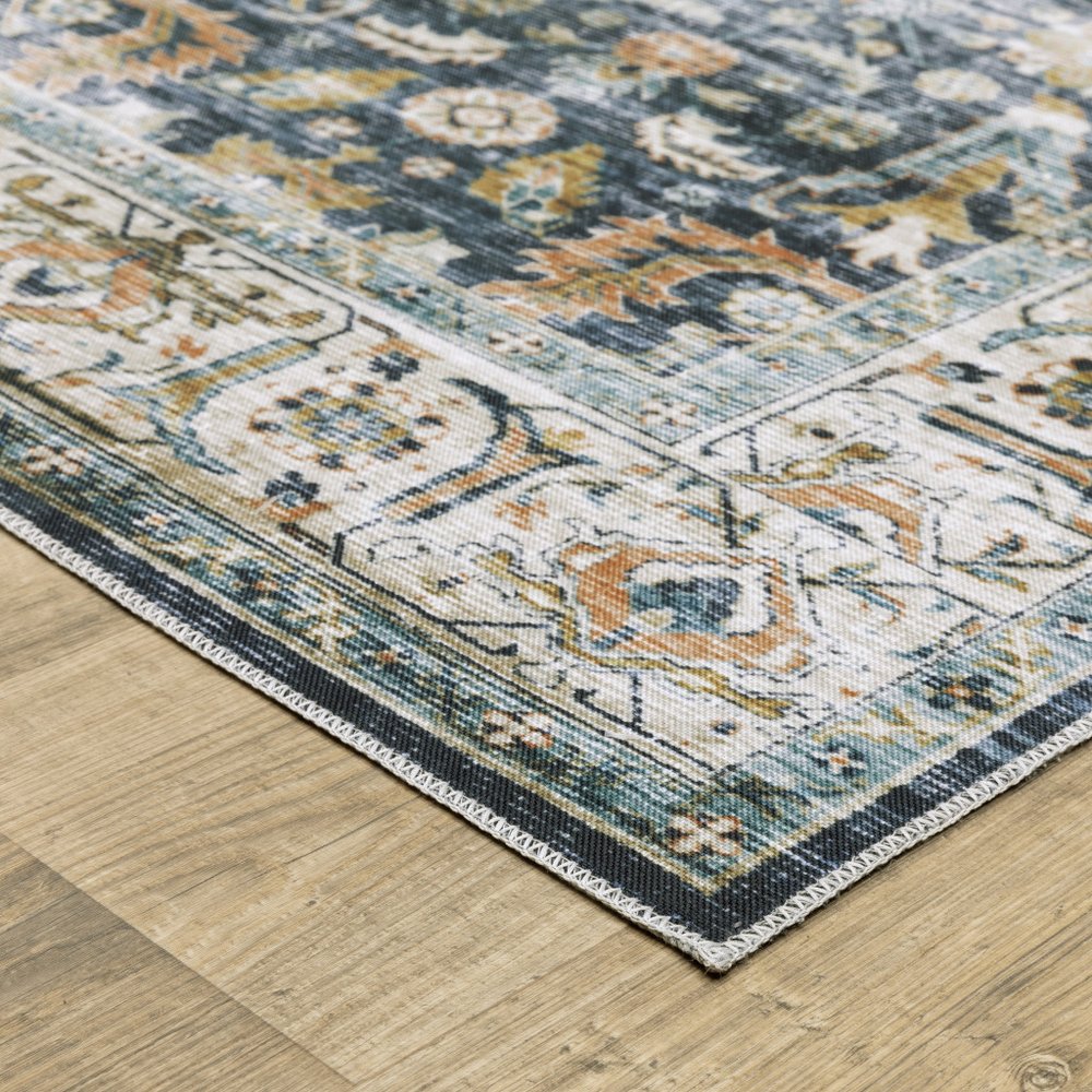4' X 6' Blue and Ivory Oriental Non Skid Area Rug