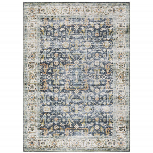 5' X 7' Blue Gold Rust Ivory And Olive Oriental Printed Stain Resistant Non Skid Area Rug
