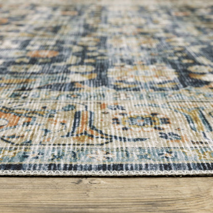 5' X 7' Blue Gold Rust Ivory And Olive Oriental Printed Stain Resistant Non Skid Area Rug